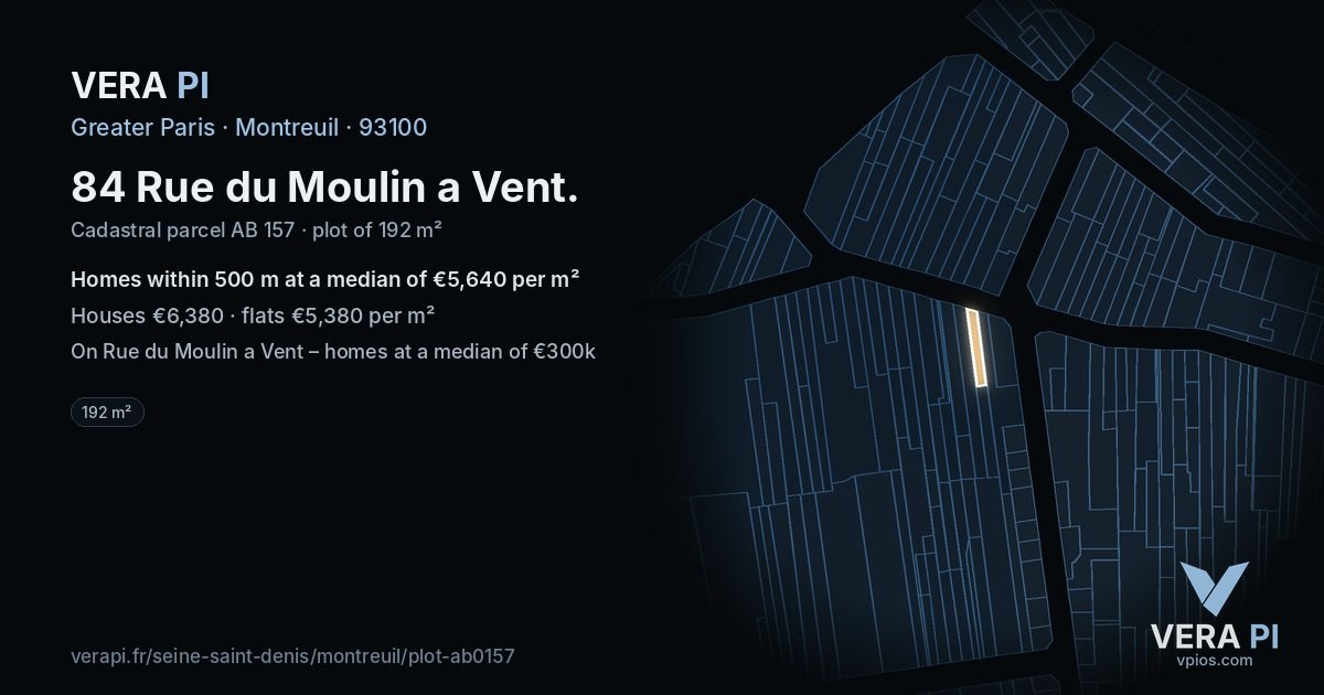 84 Rue du Moulin a Vent, Montreuil at night – the plot lit, the parcels around coloured by the prices near them