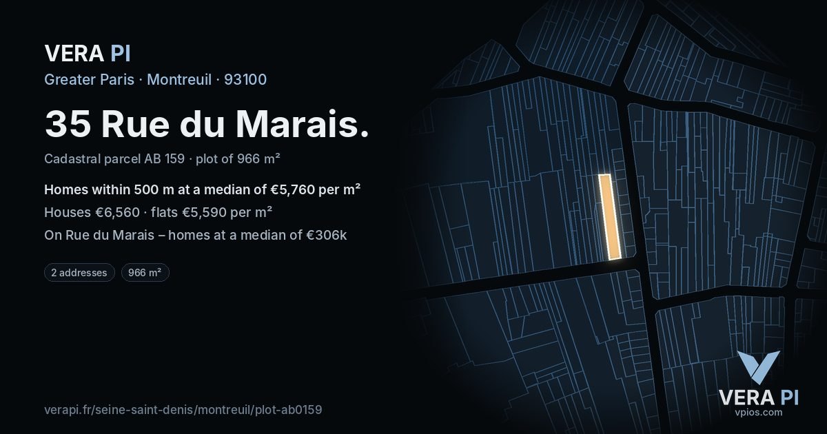 35 Rue du Marais, Montreuil at night – the plot lit, the parcels around coloured by the prices near them