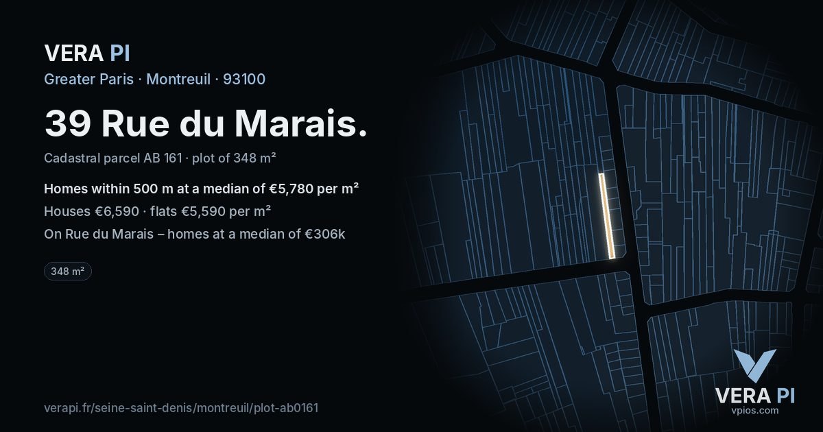 39 Rue du Marais, Montreuil at night – the plot lit, the parcels around coloured by the prices near them