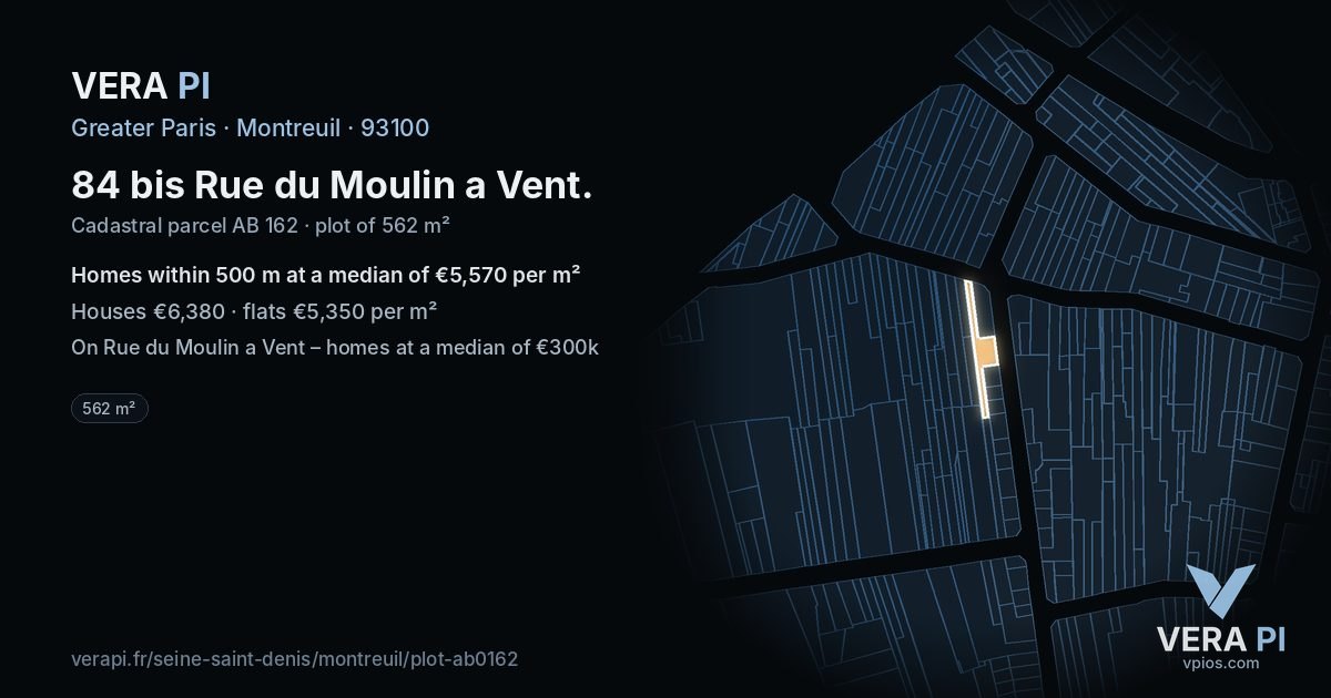 84 bis Rue du Moulin a Vent, Montreuil at night – the plot lit, the parcels around coloured by the prices near them