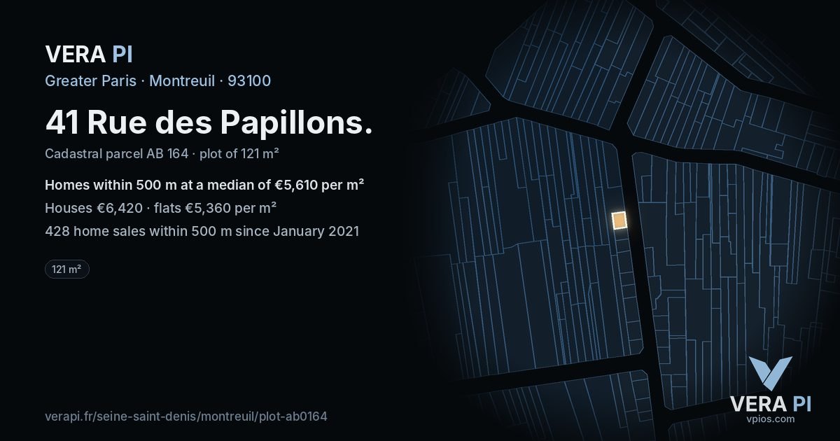 41 Rue des Papillons, Montreuil at night – the plot lit, the parcels around coloured by the prices near them