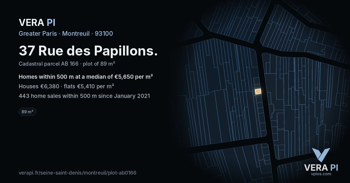37 Rue des Papillons, Montreuil at night – the plot lit, the parcels around coloured by the prices near them