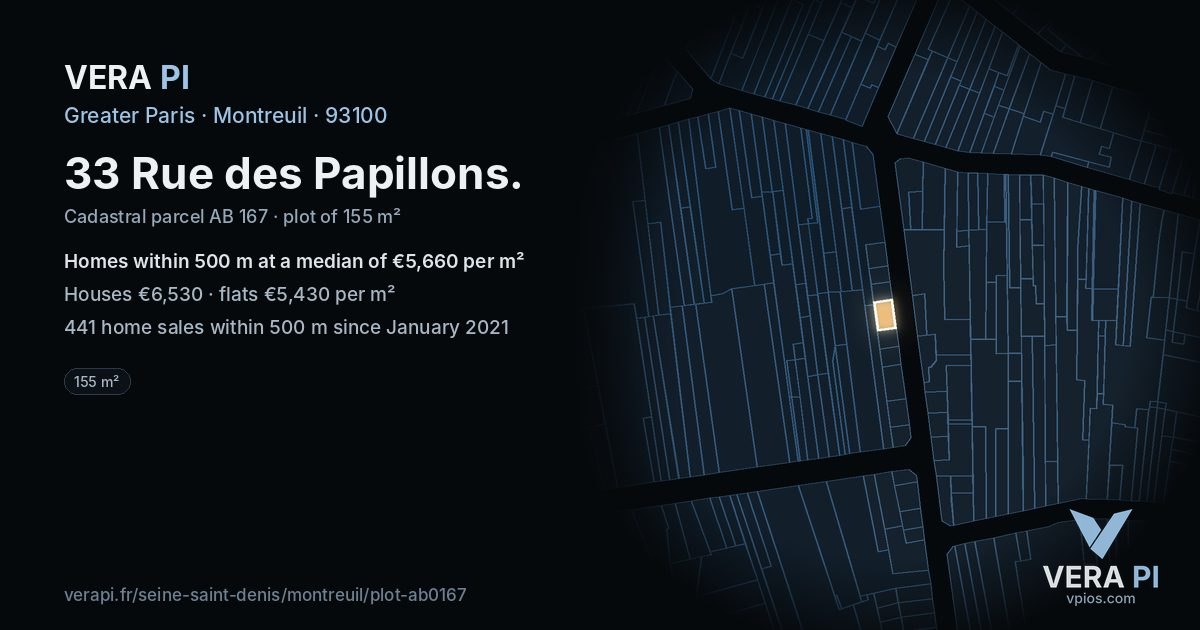 33 Rue des Papillons, Montreuil at night – the plot lit, the parcels around coloured by the prices near them