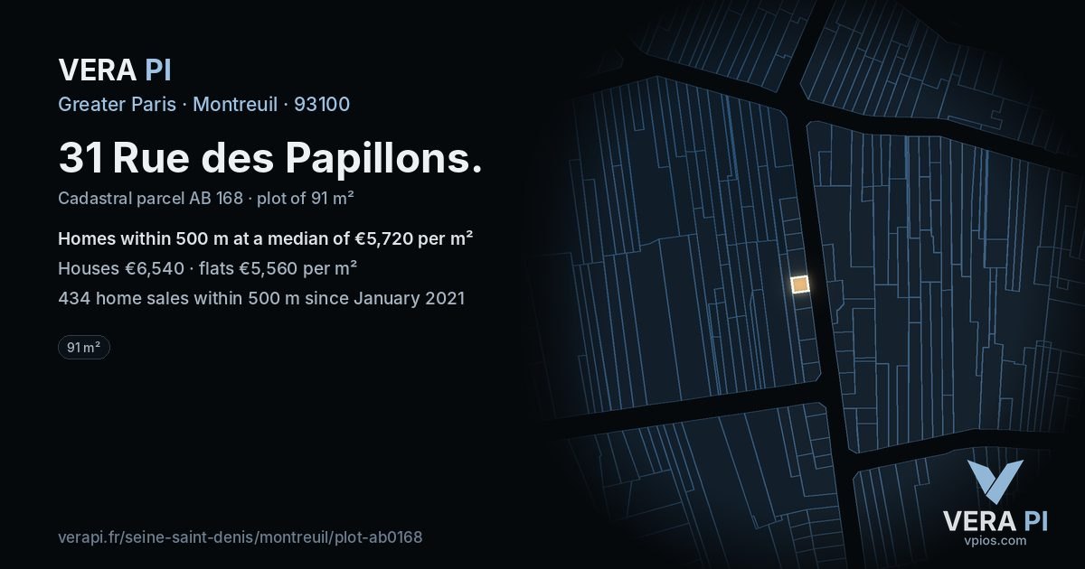 31 Rue des Papillons, Montreuil at night – the plot lit, the parcels around coloured by the prices near them