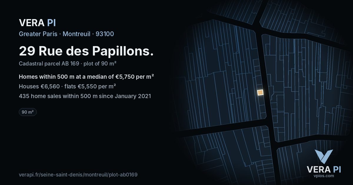 29 Rue des Papillons, Montreuil at night – the plot lit, the parcels around coloured by the prices near them