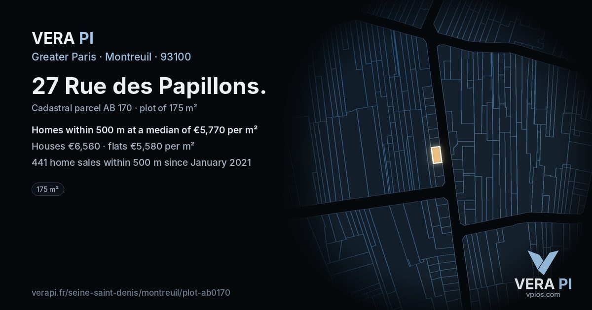 27 Rue des Papillons, Montreuil at night – the plot lit, the parcels around coloured by the prices near them