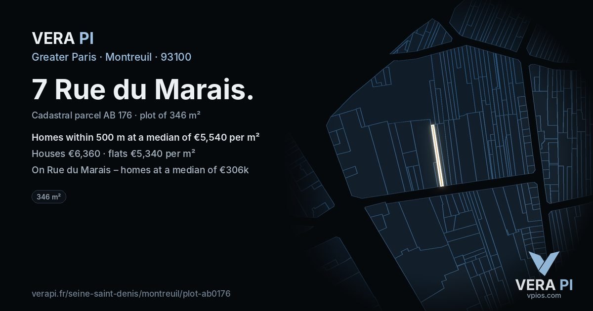 7 Rue du Marais, Montreuil at night – the plot lit, the parcels around coloured by the prices near them