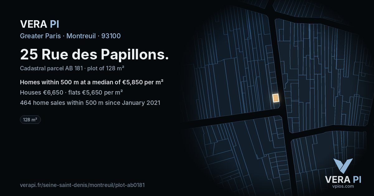 25 Rue des Papillons, Montreuil at night – the plot lit, the parcels around coloured by the prices near them
