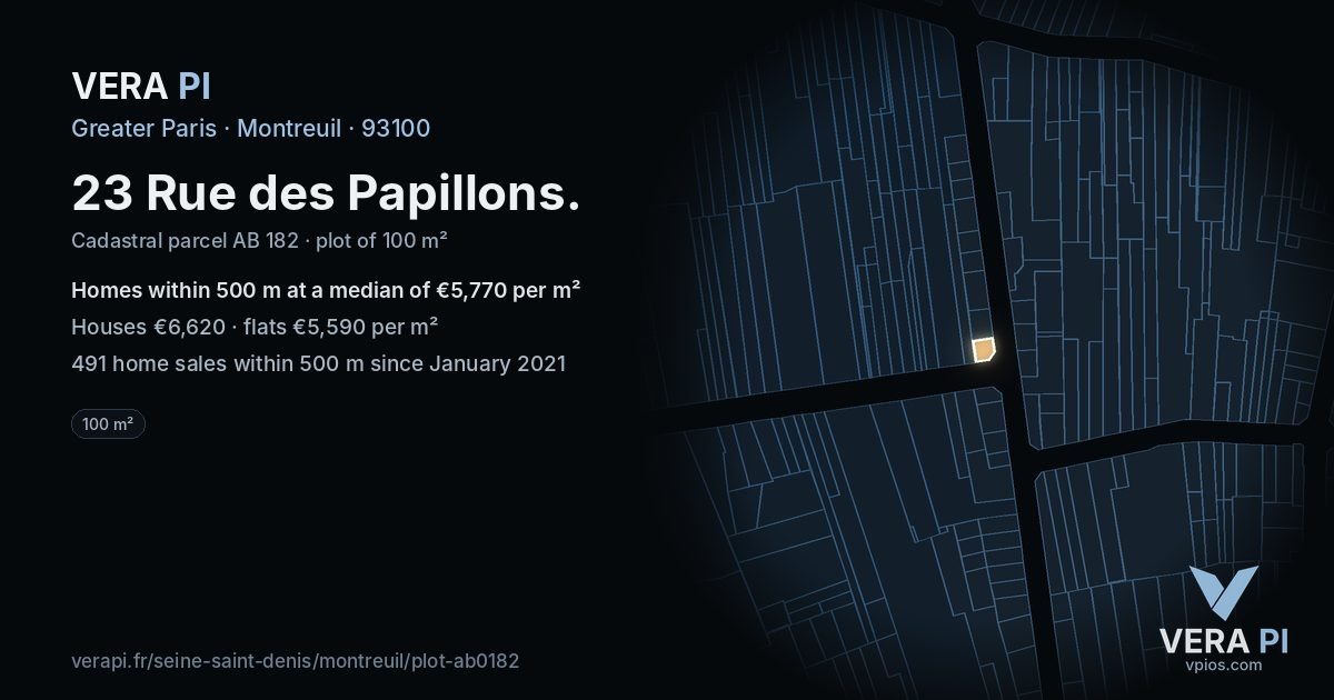 23 Rue des Papillons, Montreuil at night – the plot lit, the parcels around coloured by the prices near them