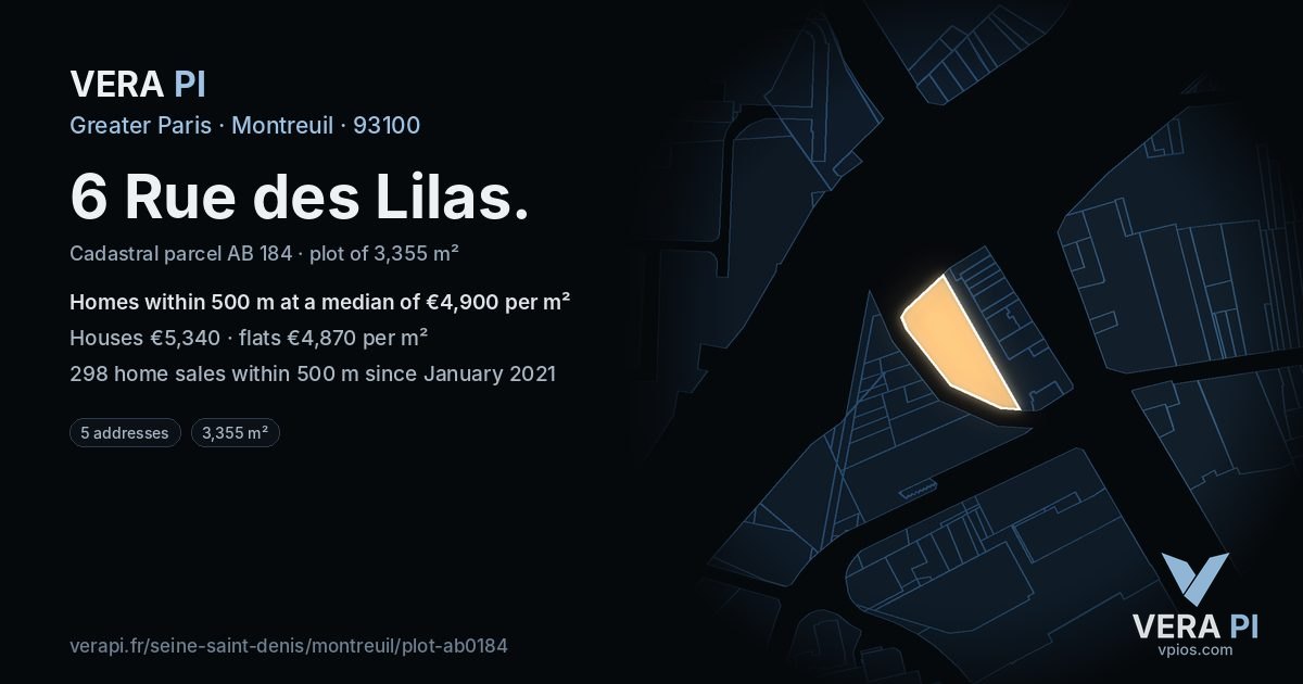 6 Rue des Lilas, Montreuil at night – the plot lit, the parcels around coloured by the prices near them
