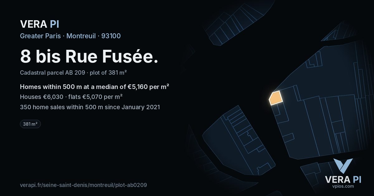 8 bis Rue Fusée, Montreuil at night – the plot lit, the parcels around coloured by the prices near them