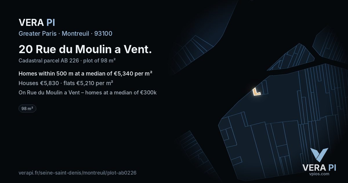 20 Rue du Moulin a Vent, Montreuil at night – the plot lit, the parcels around coloured by the prices near them