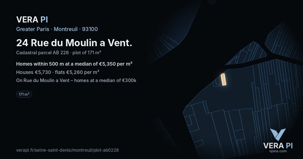 24 Rue du Moulin a Vent, Montreuil at night – the plot lit, the parcels around coloured by the prices near them