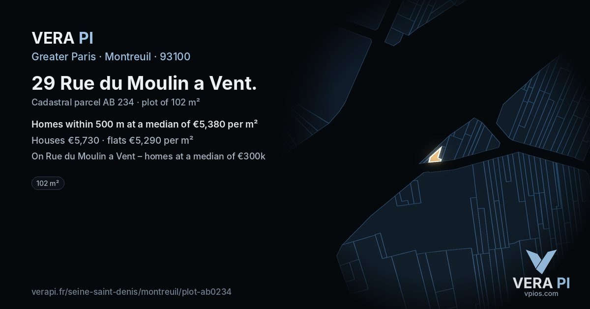 29 Rue du Moulin a Vent, Montreuil at night – the plot lit, the parcels around coloured by the prices near them