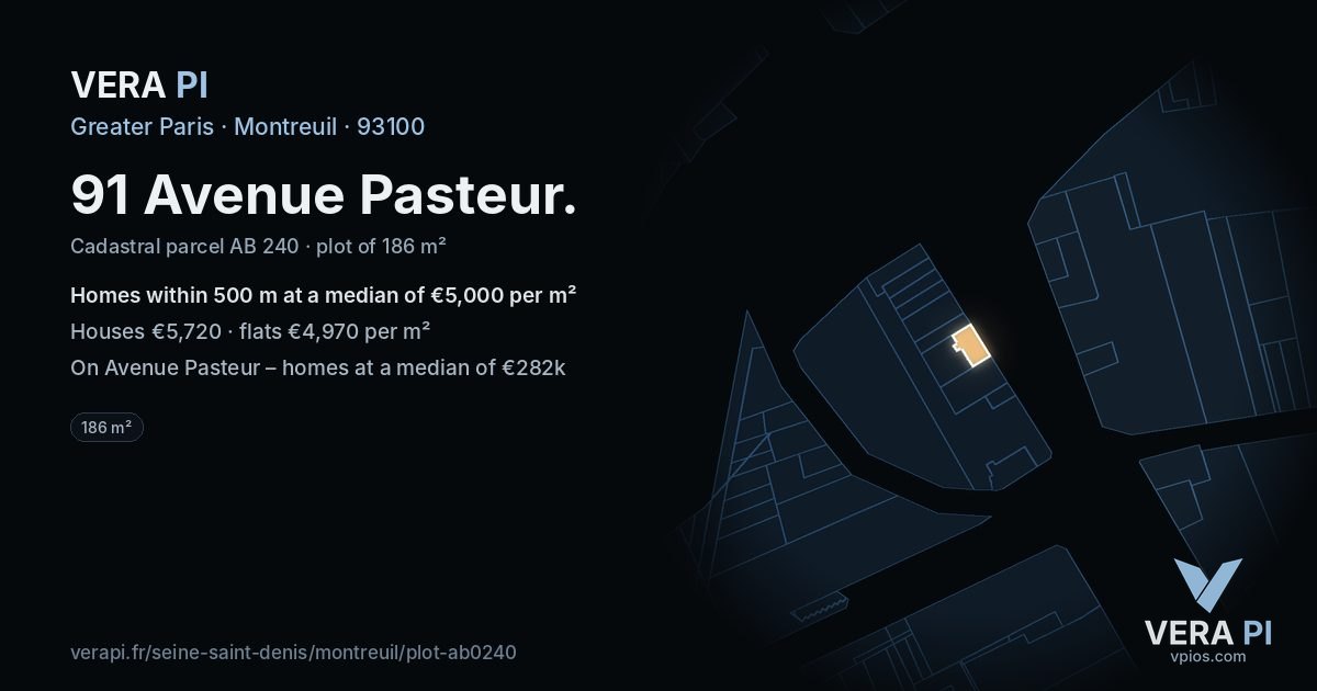 91 Avenue Pasteur, Montreuil at night – the plot lit, the parcels around coloured by the prices near them