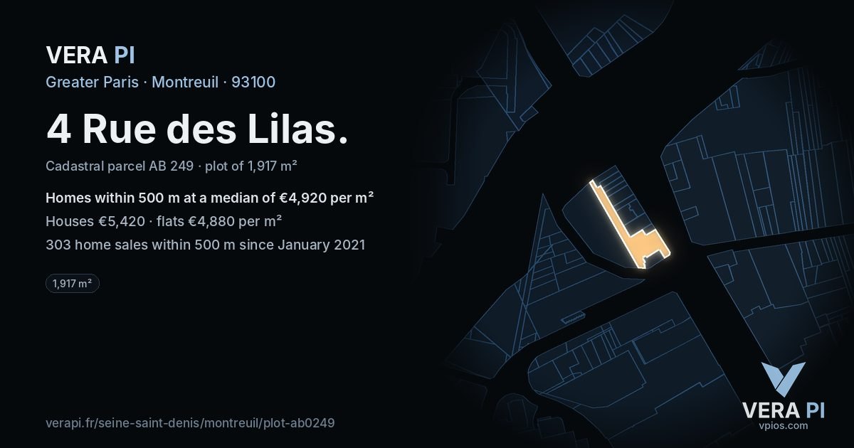 4 Rue des Lilas, Montreuil at night – the plot lit, the parcels around coloured by the prices near them