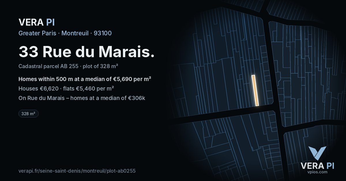 33 Rue du Marais, Montreuil at night – the plot lit, the parcels around coloured by the prices near them