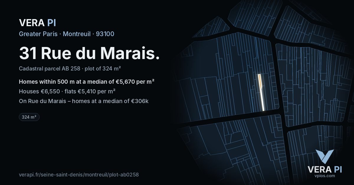 31 Rue du Marais, Montreuil at night – the plot lit, the parcels around coloured by the prices near them