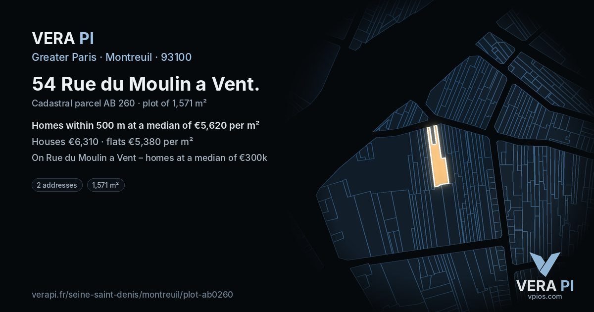 54 Rue du Moulin a Vent, Montreuil at night – the plot lit, the parcels around coloured by the prices near them