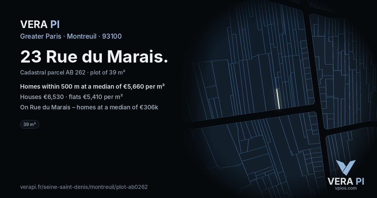 23 Rue du Marais, Montreuil at night – the plot lit, the parcels around coloured by the prices near them