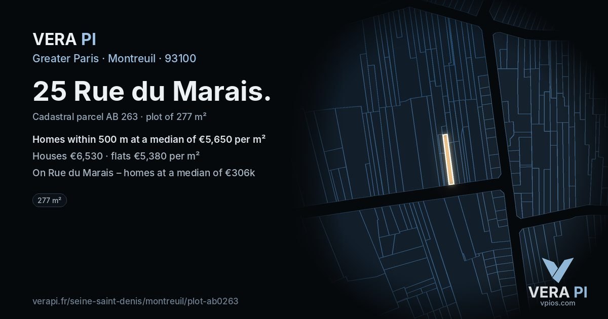 25 Rue du Marais, Montreuil at night – the plot lit, the parcels around coloured by the prices near them