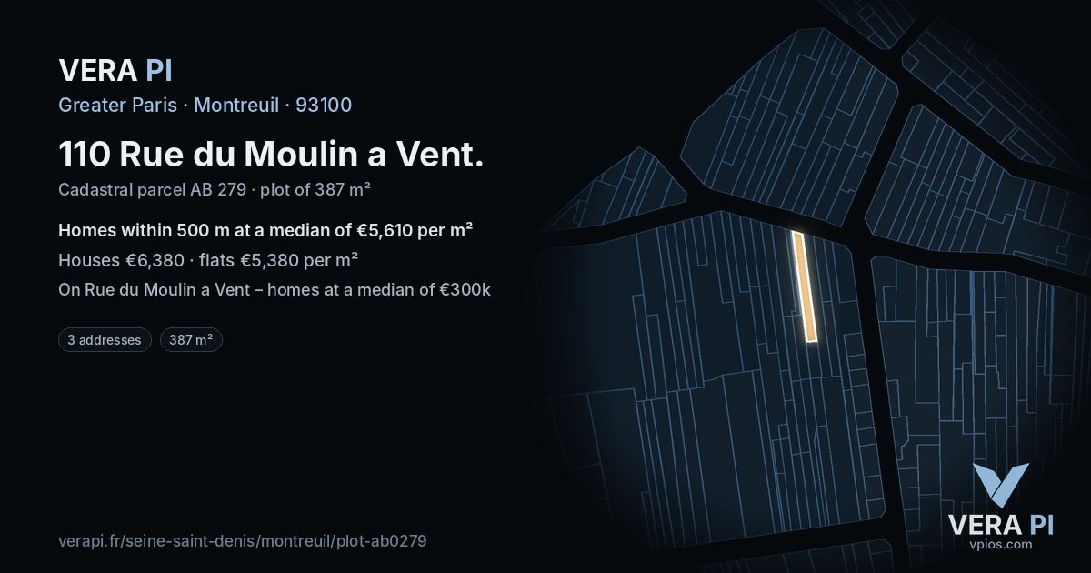 110 Rue du Moulin a Vent, Montreuil at night – the plot lit, the parcels around coloured by the prices near them