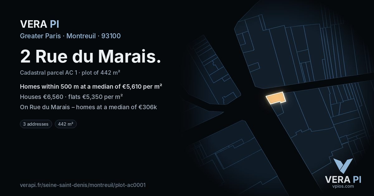 2 Rue du Marais, Montreuil at night – the plot lit, the parcels around coloured by the prices near them