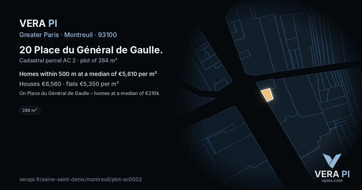20 Place du Général de Gaulle, Montreuil at night – the plot lit, the parcels around coloured by the prices near them