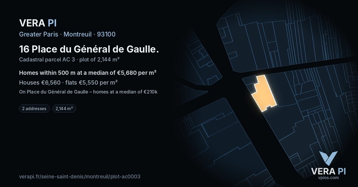16 Place du Général de Gaulle, Montreuil at night – the plot lit, the parcels around coloured by the prices near them