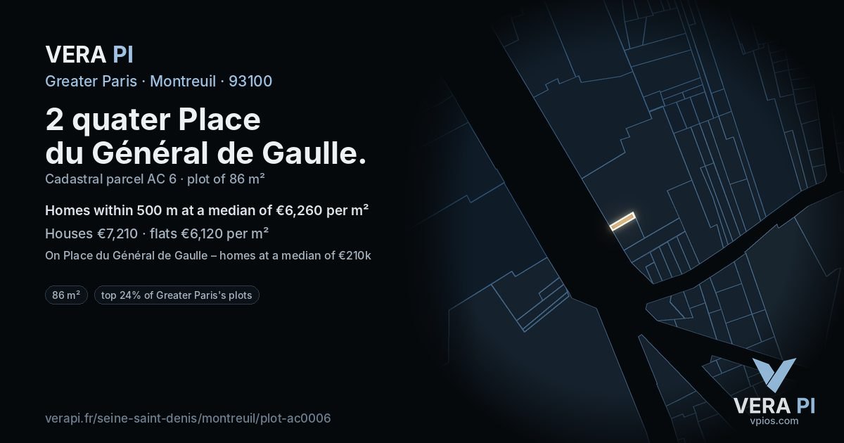 2 quater Place du Général de Gaulle, Montreuil at night – the plot lit, the parcels around coloured by the prices near them