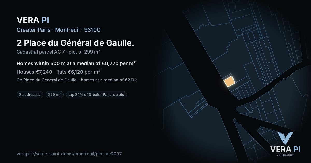 2 Place du Général de Gaulle, Montreuil at night – the plot lit, the parcels around coloured by the prices near them