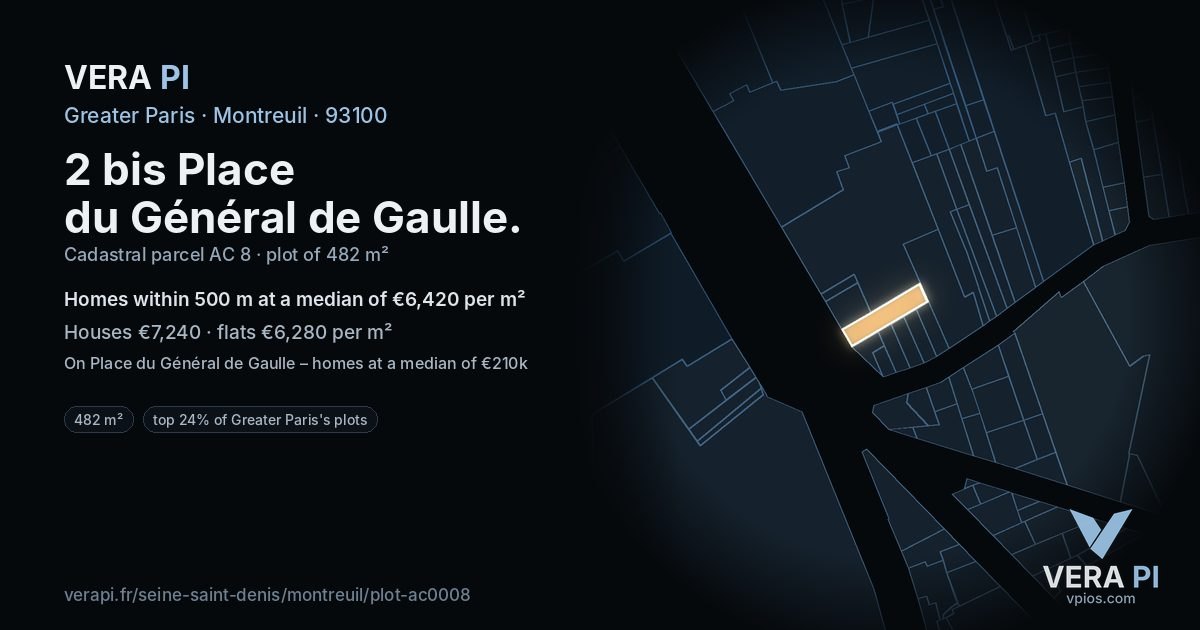 2 bis Place du Général de Gaulle, Montreuil at night – the plot lit, the parcels around coloured by the prices near them