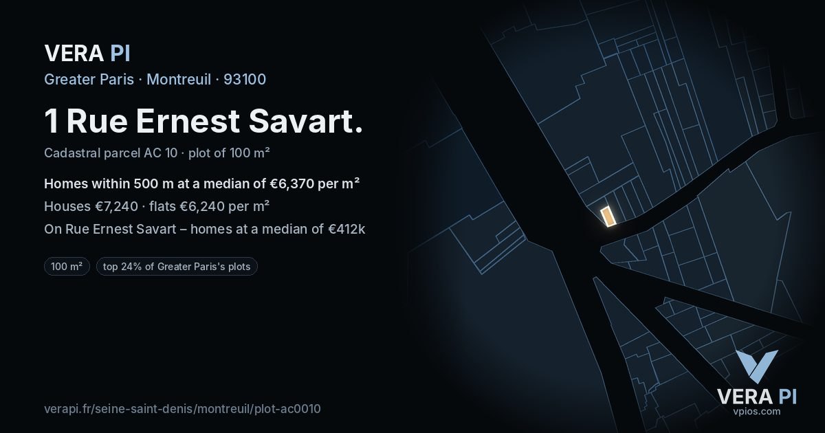 1 Rue Ernest Savart, Montreuil at night – the plot lit, the parcels around coloured by the prices near them