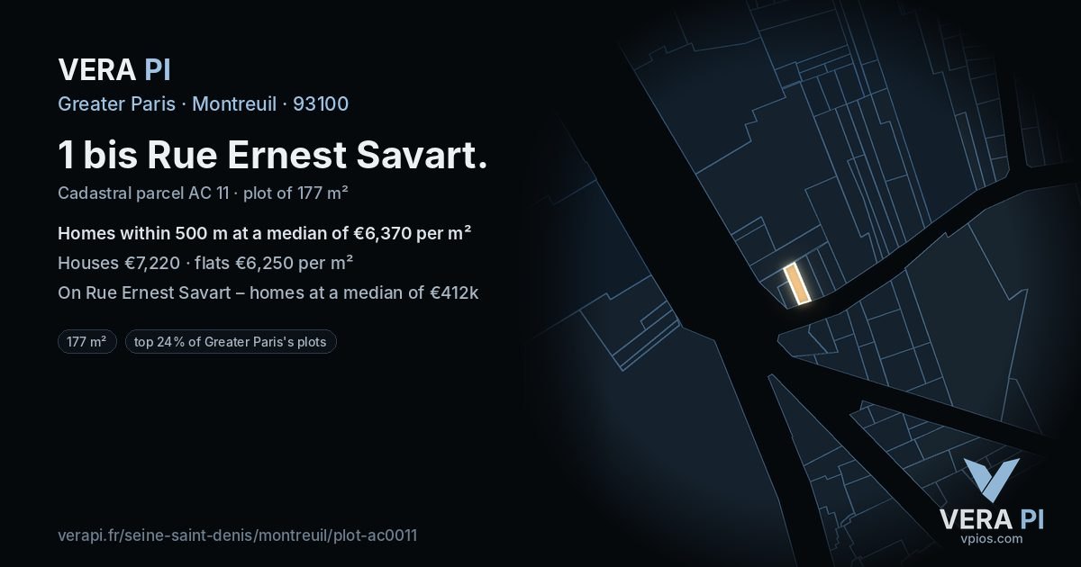 1 bis Rue Ernest Savart, Montreuil at night – the plot lit, the parcels around coloured by the prices near them