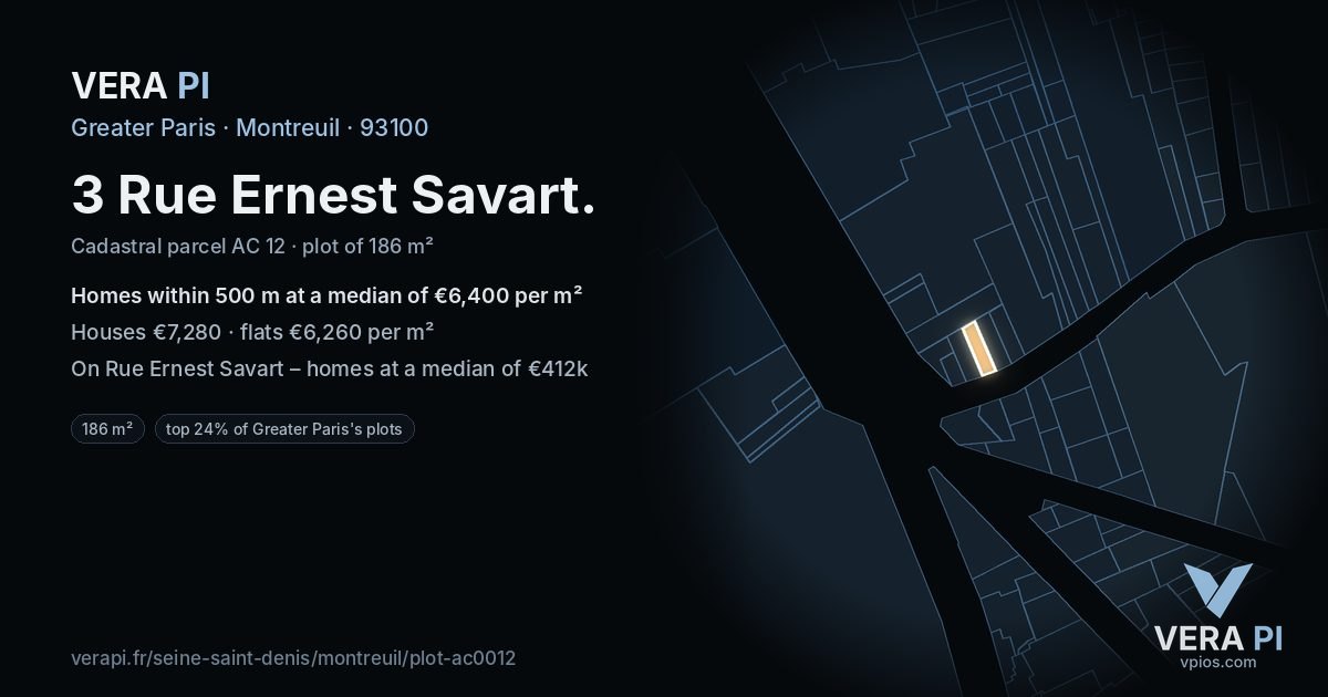3 Rue Ernest Savart, Montreuil at night – the plot lit, the parcels around coloured by the prices near them