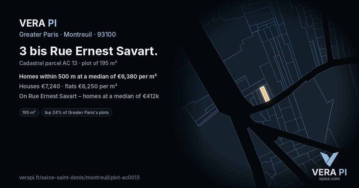 3 bis Rue Ernest Savart, Montreuil at night – the plot lit, the parcels around coloured by the prices near them