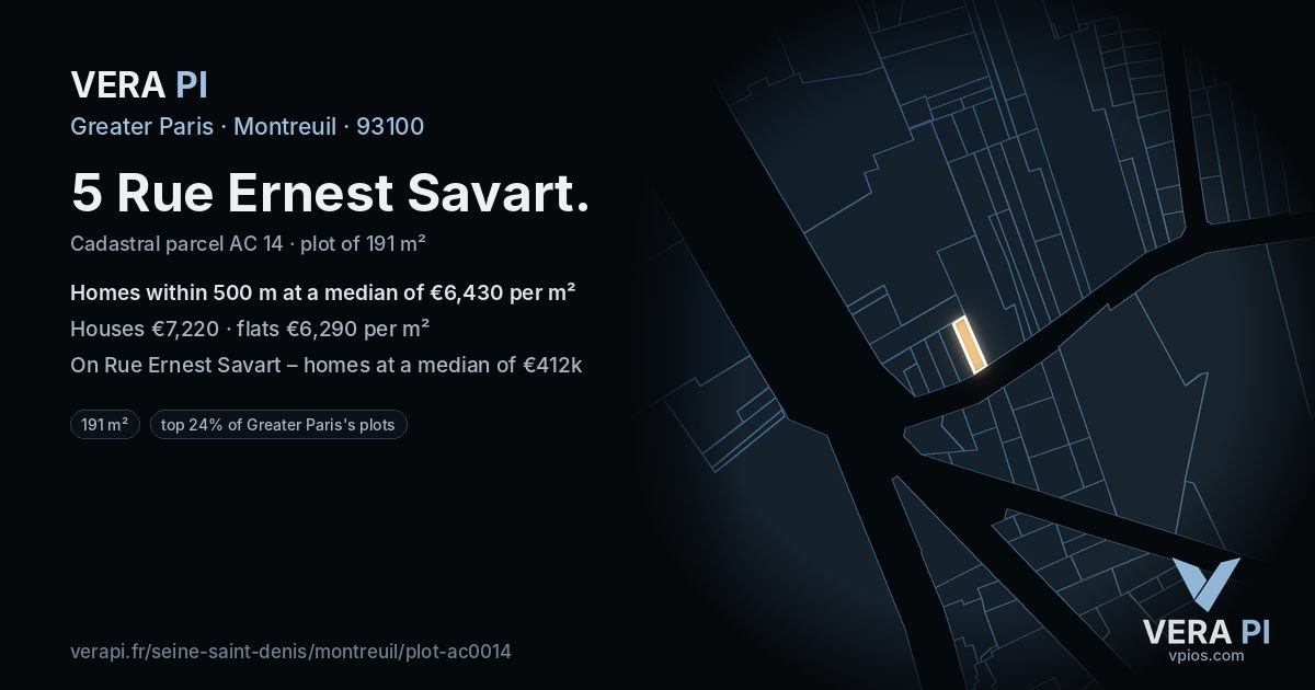 5 Rue Ernest Savart, Montreuil at night – the plot lit, the parcels around coloured by the prices near them
