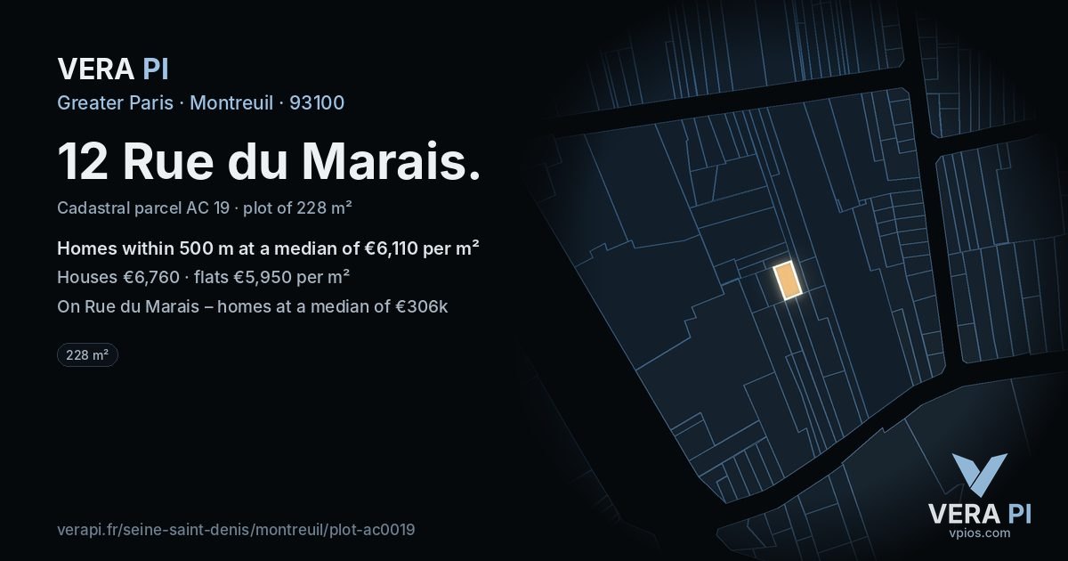 12 Rue du Marais, Montreuil at night – the plot lit, the parcels around coloured by the prices near them