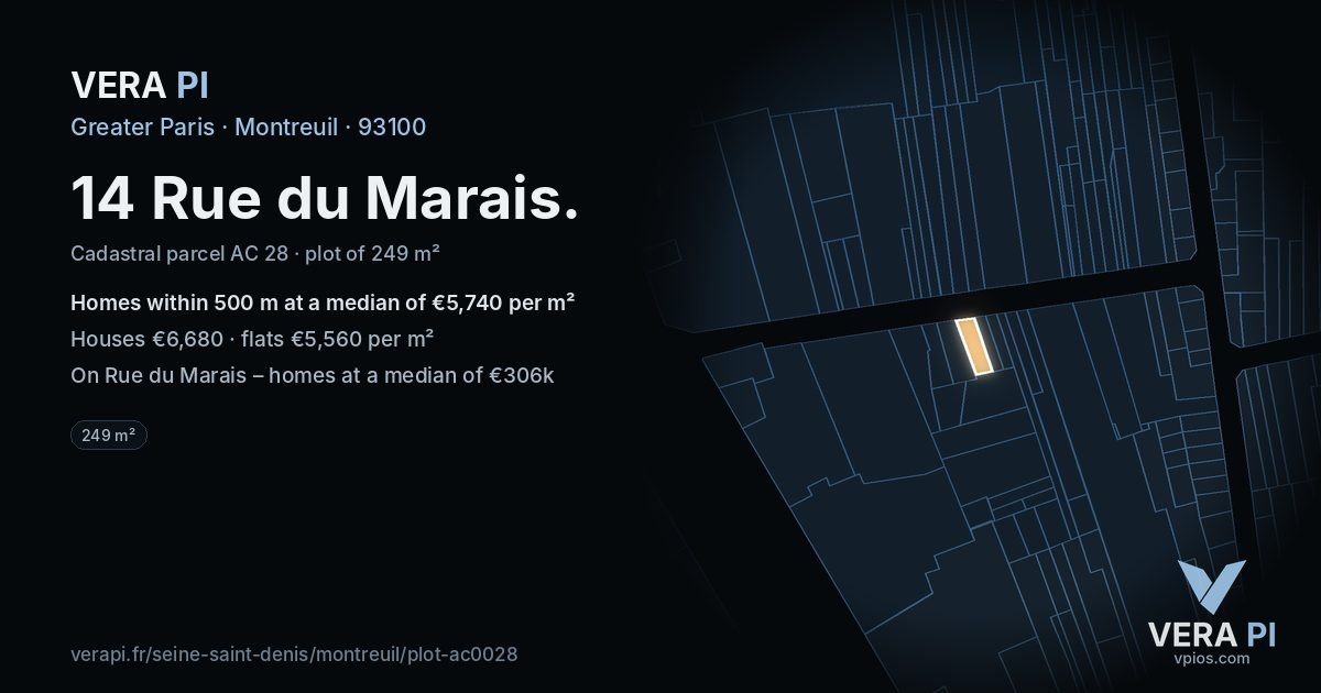 14 Rue du Marais, Montreuil at night – the plot lit, the parcels around coloured by the prices near them
