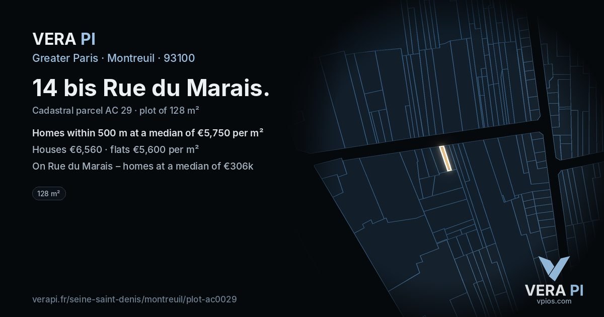 14 bis Rue du Marais, Montreuil at night – the plot lit, the parcels around coloured by the prices near them