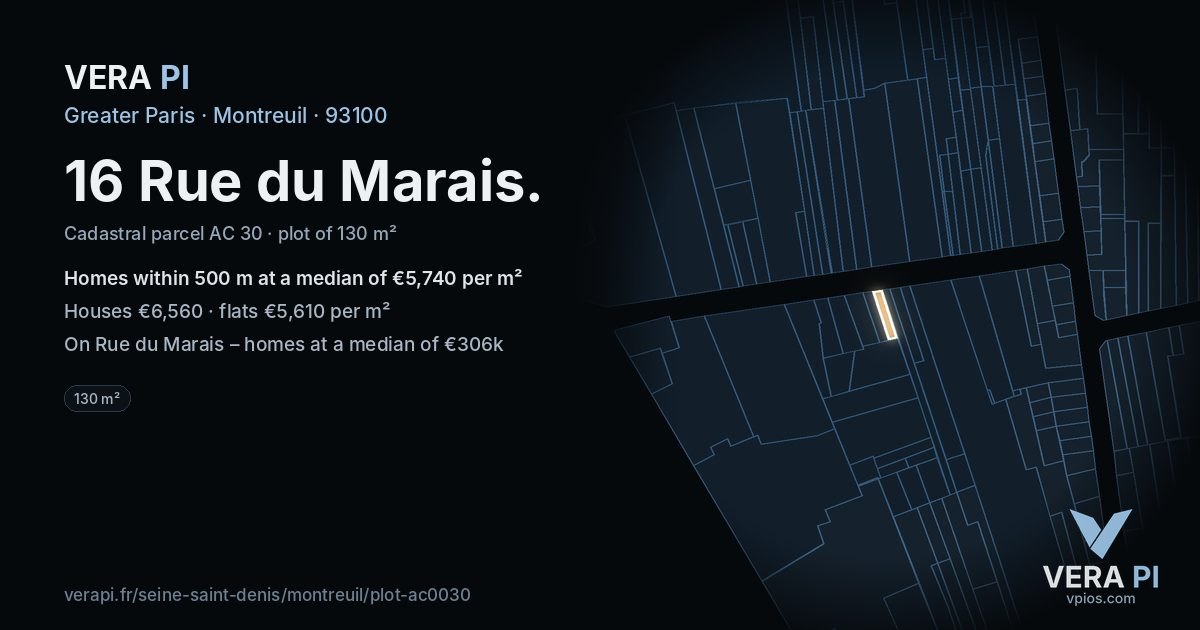 16 Rue du Marais, Montreuil at night – the plot lit, the parcels around coloured by the prices near them