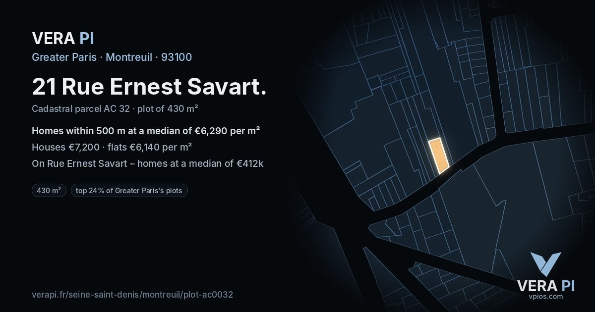 21 Rue Ernest Savart, Montreuil at night – the plot lit, the parcels around coloured by the prices near them