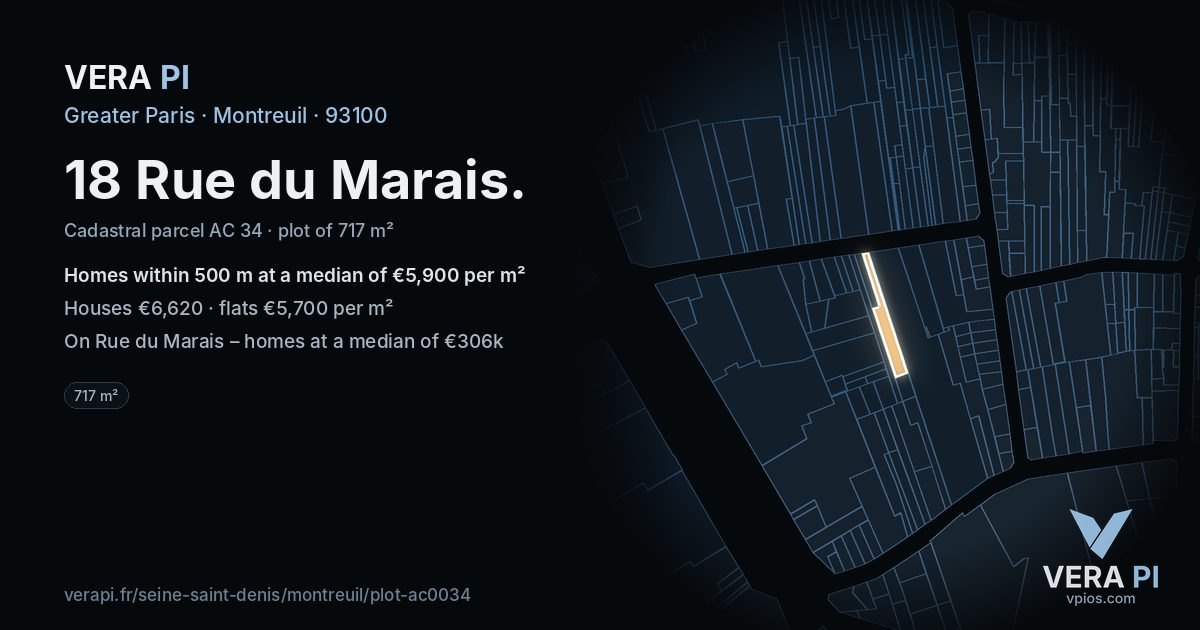 18 Rue du Marais, Montreuil at night – the plot lit, the parcels around coloured by the prices near them
