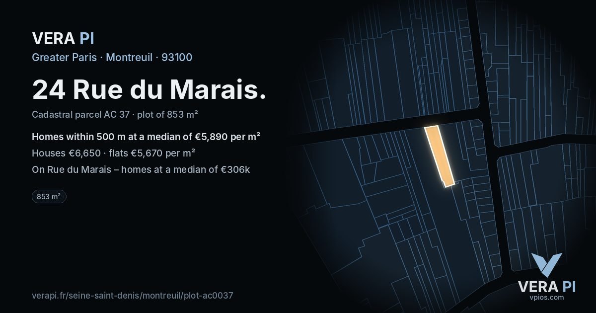 24 Rue du Marais, Montreuil at night – the plot lit, the parcels around coloured by the prices near them