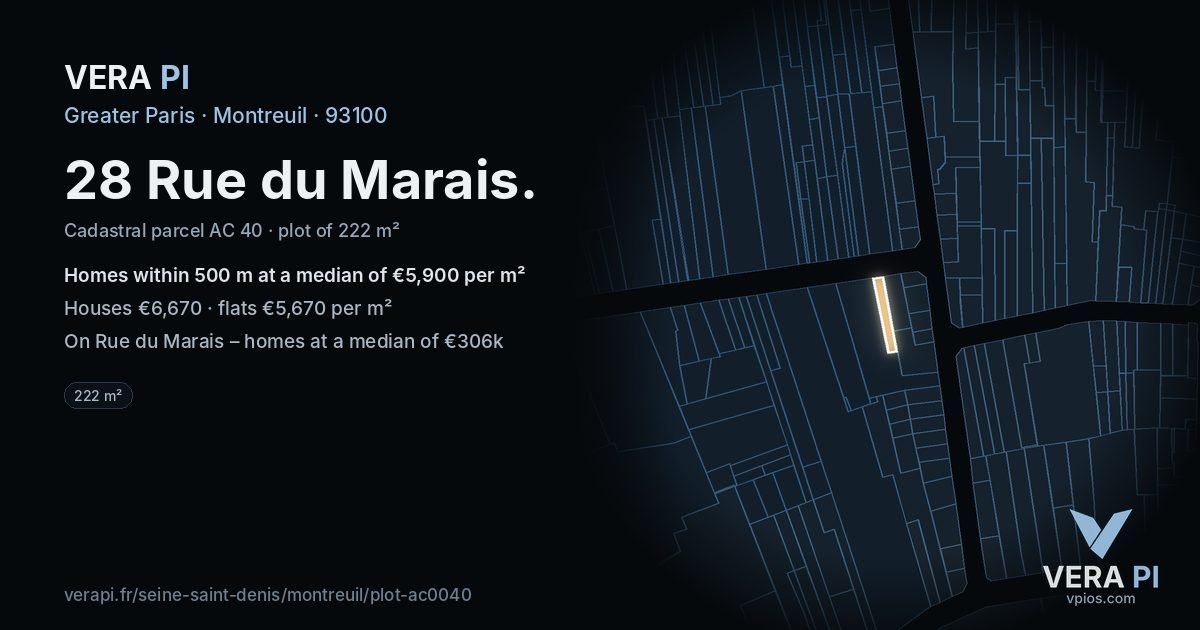 28 Rue du Marais, Montreuil at night – the plot lit, the parcels around coloured by the prices near them