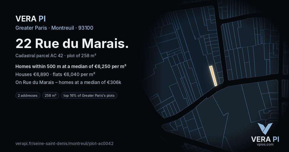 22 Rue du Marais, Montreuil at night – the plot lit, the parcels around coloured by the prices near them