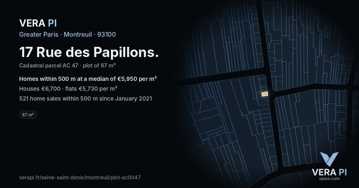 17 Rue des Papillons, Montreuil at night – the plot lit, the parcels around coloured by the prices near them