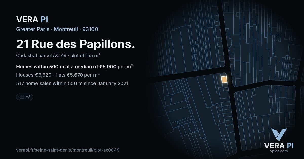 21 Rue des Papillons, Montreuil at night – the plot lit, the parcels around coloured by the prices near them