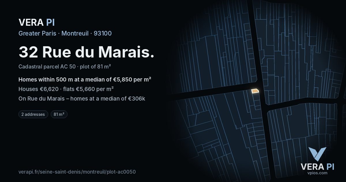 32 Rue du Marais, Montreuil at night – the plot lit, the parcels around coloured by the prices near them