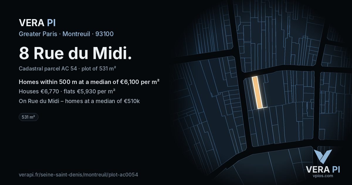 8 Rue du Midi, Montreuil at night – the plot lit, the parcels around coloured by the prices near them